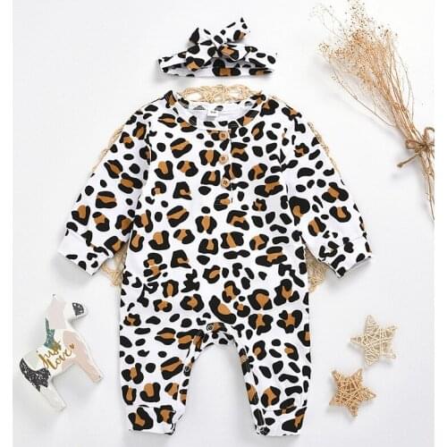 Fashion Newborn Girl Outfit 2 Piece Tiger Leopard Print Long Sleeve Baby Girl Romper+bow Headband Cool Baby Girl Clothes 0-12M