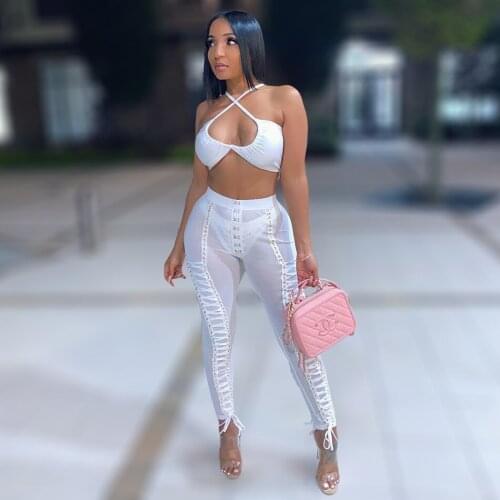 Tropical Girl White or Black Sheer Long Pants Lace up Detailing Mesh Leggings with Gold Eyelets