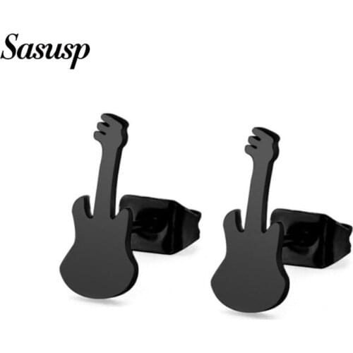 Sasusp Rock Mini Guitar Earrings Men Women Stainless Steel Small Earrings Black Fashion Musical Instruments Jewelry Ear Stud