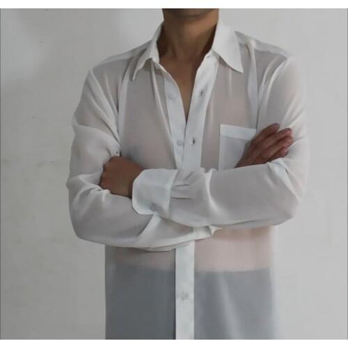 S-4xl Men Chiffon Transparent Long-sleeved Shirt, Smooth Cool, Self-cultivation,gay Generally Loose Shirts Plus Size Costumes