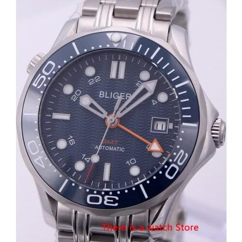 Bliger 41mm Automatic Mechanical Men Watch Sapphire Crystal Stainless Steel Bracelet Luminous Waterproof Calendar GMT Watch Male