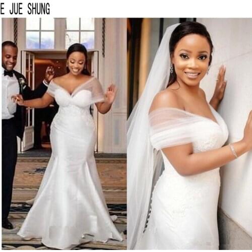 E JUE SHUNG Charming Mermaid Wedding Dresses Off the Shoulder Button Back Satin Appliques African Wedding Gowns vestido de noiva