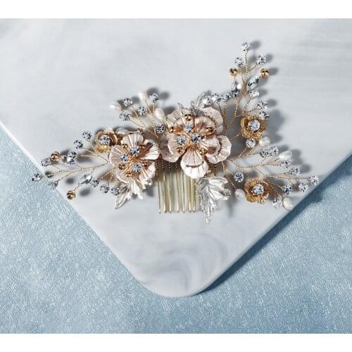 OKILY Elegant Bridal Jewelry Flower Headpiece Metal Pearl Wedding Haircomb Lovely Crystal Hair Comb Dress Accessories
