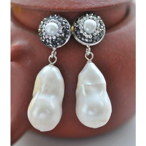 P7034 25mm White Teardrop Keshi Pearl Inlay Crystal Dangle Earring
