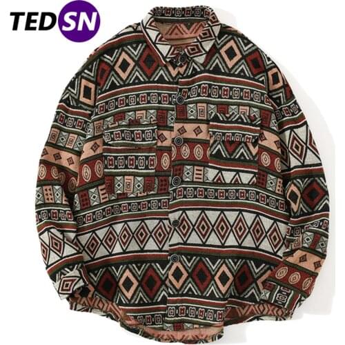 Hip Hop Geometric Square Long Sleeve Shirt 2020 Harajuku National Style Knitted Shirt Streetwear Shirt Autumn Loose Cotton Shirt