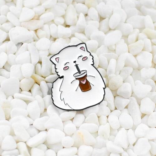 Happy Drink Cat Metal Enamel Brooch Creative Cartoon White Fox Badge Pin Cute Funny Trendty Lapel Backpack Jewelry Gift For Kids