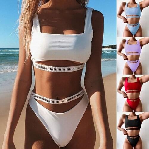 Sexy Solid High Cut Swimwear Women Hollow Out Swimsuit Female Summer Beach Bikini
