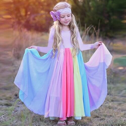 2019 Ins Autumn Long-sleeved Girls Chiffon Dress New Rainbow Dress Colorful Color Dresses Childrens Princess Party Dress