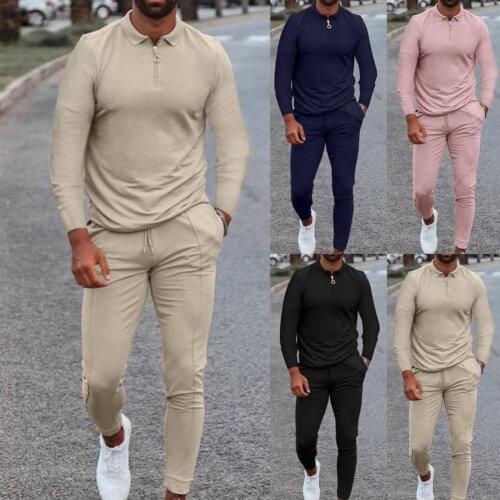 Solid Color Men Tracksuit Set Elastic Waist Skin-friendly Long Sleeve Pockets Sports Suit for Fitness Wholesale Dropshipping