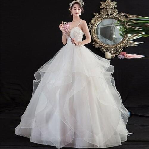 Wedding Dresses Illusion V-Neck Sleeveless Tulle Lace Embroidery Backless Spaghetti Straps Luxury White Women Bridal Gown G538