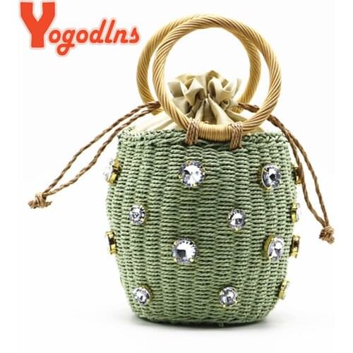 Yogodlns Green Diamonds Straw Handbags For Women Hand-woven Rattan Bag Female Tote Bag 2021 New Summer Holiday Beach Bag
