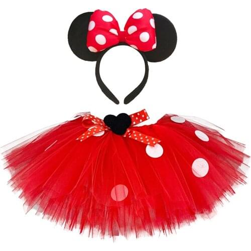 2 Colors Minnie Tutu Skirt Baby Girls Polka Dots Fluffy Dance Tulle Skirt with Mouse Headband Kids Birthday New Year Costume Set