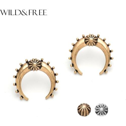 Women Bohemia Antique Gold Zinc Alloy Horn Stud Earrings Vintage India Statement Europe Stud Earrings Jewelry