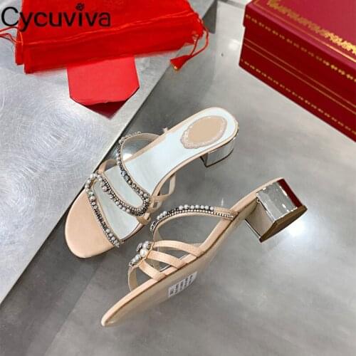 Chunky Heel Crystal Slippers Women Summer Slides Open Toe Party Brand Shoes Runway High Heel Slippers Women Sandalias Mujer 2021
