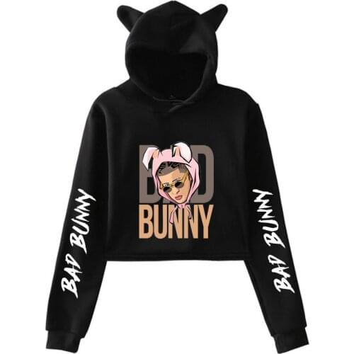 Bad Bunny Cat Ear Hoodie High Street hip-hop Graphic hoody Cartoon Print Casual Harajuku Cool Streetwear Crop tops Sweatshirt