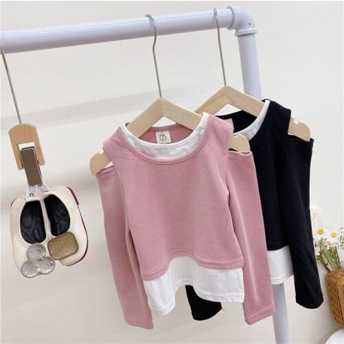 2 Colors Solid Children T-shirt for Kids Girls Summer Ribbed Knitted Off Shoulder BlouseTops Tee Baby Kids Tshirts Clothes 1-8Y