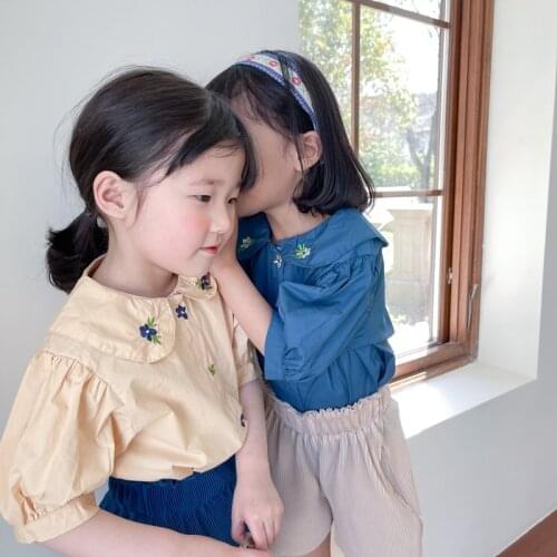 2021 Flowers Embroidery Girl Shirt Puff Sleeve Girls Tops Baby Girls Clothes Girls Blouse Summer Boutique Kids Shirt Outfit