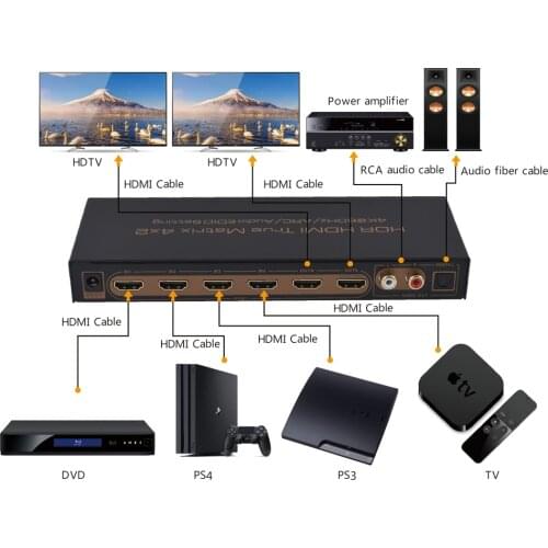 4 in 2 out HDMI 2.0 Switcher matrix HD 4K@60 4 in 2 out Computer monitor switcher Cable TV 1 in 2 display audio and video switch