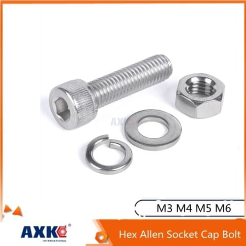 AXK 10Pcs M3 M4 M5 M6 Screw Bolts Flat Gasket Nuts DIN912 304 Stainless Steel Hex Allen Socket Cap Round Cylindrical Head Screws