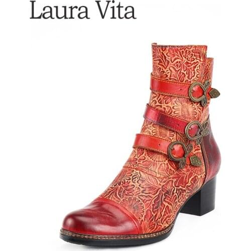 Laura Vita Genuine Leather Printed Ankle Boots For Women Shoes Retro Block High Heels Comfortable Women Boots