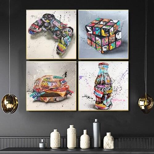 Graffiti Art Gamepad RubikS Cube Coke Hamburger Canvas Art Posters and Print Abstract Canvas Painting for KidS Room Wall Decor