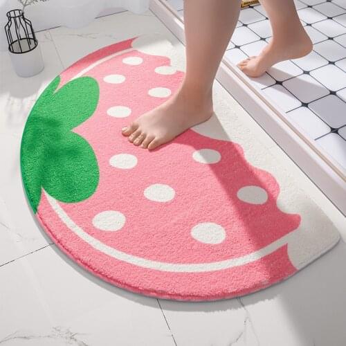 Cartoon Semicircle Carpet Long Plush Warm Carpet Water Absorption Non-slip Pink Strawberry Mat Rug Bedroom Child Room Door Mat