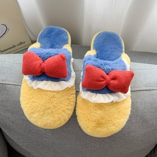 New Fashion Womens Shoes for 2021 Winter Plush Home Warm Cotton Slippers Cute Butterfly-knot Mixed Colors Females Sandals