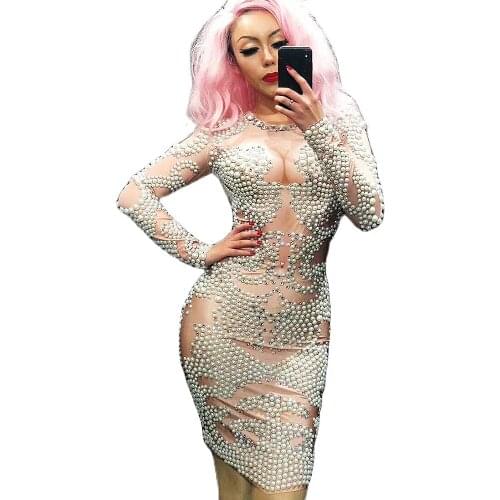 Rhinestones Pearl Bag Hip Dress Long Sleeve Knee-Length Dress Ladies Nightclub Performance Dance Costume Dance Stage Wear