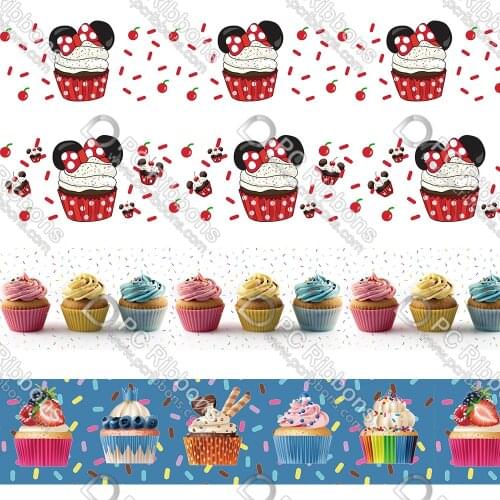 16-75MM Cartoon Bow Cupcakes Printed Grosgrain Polyester Ribbon 50 Yards Gift Wrapping Diy Bows Wedding Drections Ribbons