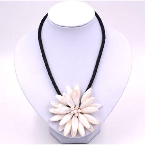 Handmade Freshwater pearl white sun flower necklace with woven leather 20
