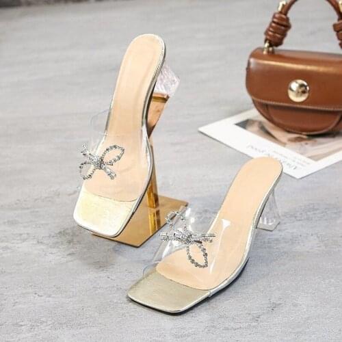 Bowknot Fashion PVC Women Sandals Summer Open Toed High Heels Transparent Heel Slippers Party Shoes Pumps Zapatillas Mujer Casa
