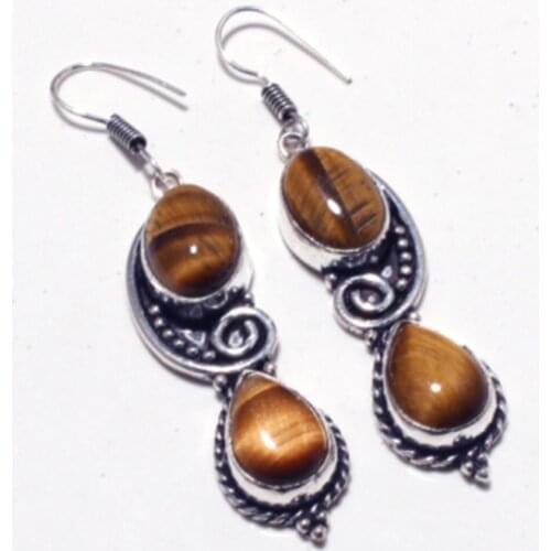 Genuine Tiger eye Silver Overlay on Copper Earrings Hand made women Jewelry gift