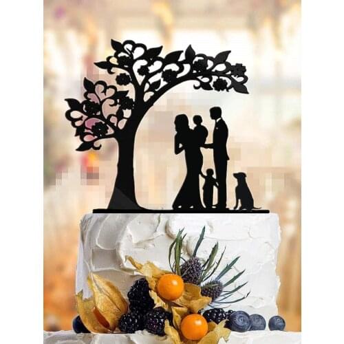 Wedding Cake Topper- Happy Family Bride and Groom with 2 Kids 1 dog Silhouette, Anniversary Party Decoration