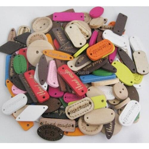 WBNNLS Mixed 100 Pieces Randomly Wood Label Buttons For Garment Hand Made Engraved Multishapes DIY Sewing Supplies