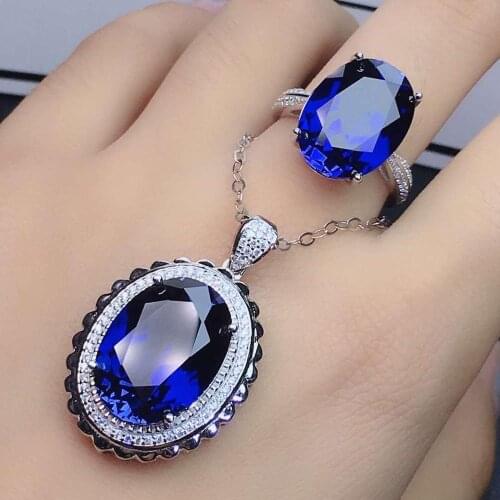 Handmade Big Simulated sapphire Jewelry Sets 925 Sterling Silver Party Wedding Rings Necklace For Women Bridal Gemstones Gift