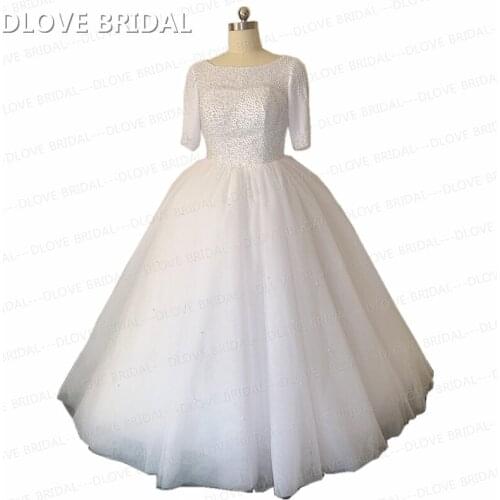 Pearl Ball Gown Wedding Dress with Half Sleeves Floor Length Bridal Gowns DLOVE BRIDAL New Arrival Vestido De Novia