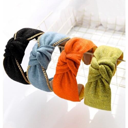 2020 Soft Polyester Cloth Felt Fabric with Chain Hair Bands For Women Mid Knotted Wide Head bands For Wedding Bridal Hair Hoop