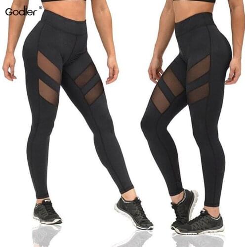 Godier Net Yarn Patchwork Ladie Elastic Hollow Push Up Women Leggings High Waist Black Pants Transparent Sexy Leggings Jc0048