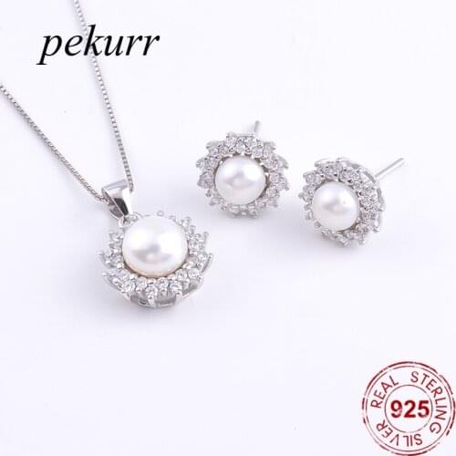 Pekurr 925 Sterling Silver Zircon Sun Flower Freshwater Natural Pearl Earrings Necklace Sets For Women Round Pendants Jewelry