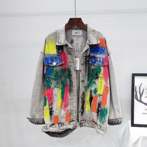 Lapel Collar Long Sleeve Old Gray Color Paint Graffiti Neutral Denim Ptint Coat Women Streetwear 2021 Spring Autumn Femme