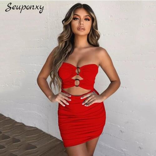 High-quality Bodycon Elegant Womens Red Hollow Bandage Dress 2021 Summer Sexy Strapless Backless Celebrity Party Dress Vestidos