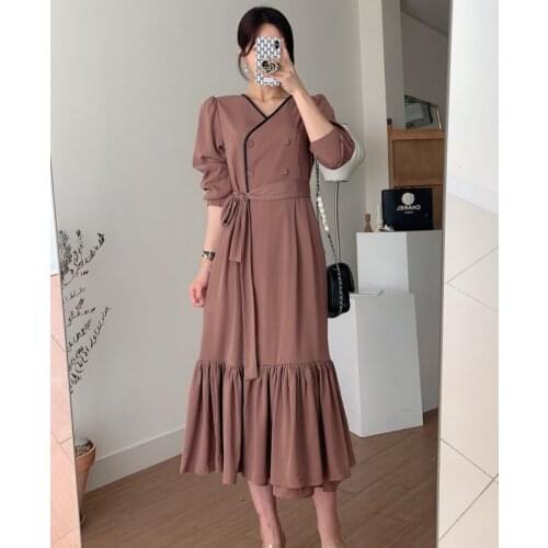 Korean Chic Maxi Long Dresses for Women Autumn New Double Breasted with Belt Dress 2021 Pleated A-Line Dress YOU871