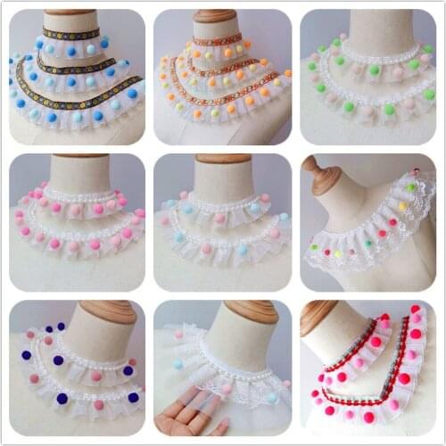 2M/lot 2.5cm wide pastoral style folds flower pompom lace dress neckline pet accessories lace gauze belt lace accessories SC805