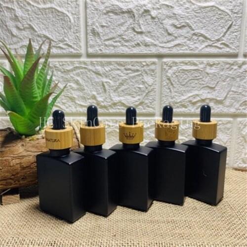 30ml Empty Matte Black/White Brown Square Glass Dropper Essential Oil Bottles With Pipette And Bamboo Cap Rubber Top