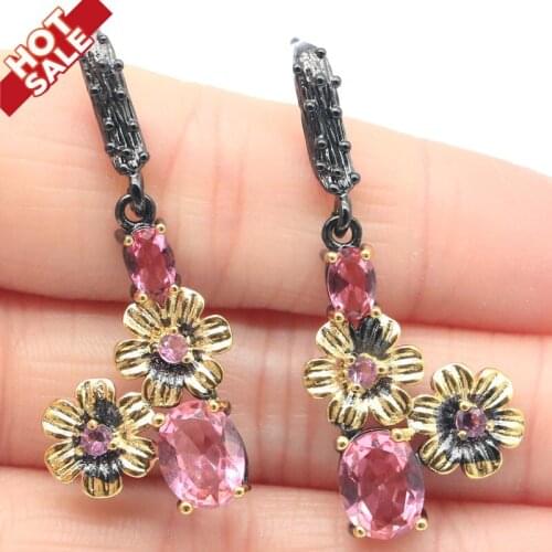 42x17mm Gothic Vintage Earrings Created Pink Morganite Iolite For Women Cool Black Gold Earrings Daily Wear