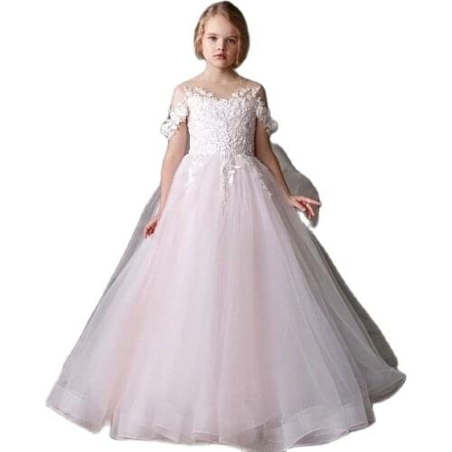 White Flower Girl Dress 2021 Pearl Lace Princess Dress For Girl Short Sleeve First Communion Dresses