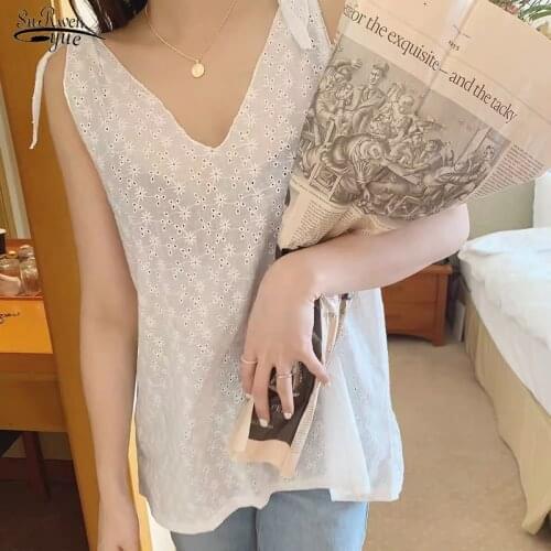 Summer Sleeveless White Loose Tanks Camis Korean Chic Embroidered V-neck Lace-Up Women Tank Tops Vest Hollow Top Female 14367