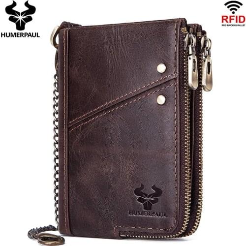 100% Head Layer Cow Leather Mens High Quality RFID Wallet with Chain Anti-Theft Male Purse Soft Money Bag Casual Cards Holder