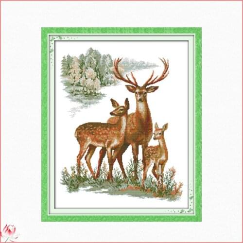 The Sika Deer Family Pattern Cross Stitch Kit 11CT 14CT Count Printed Fabric Embroidery DIY Needlework Sewing Home Decoration