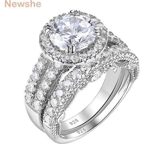 Newshe 2 Pcs Wedding Ring Set Halo Brilliant Round Cut AAAAA CZ 925 Sterling Silver Engagement Rings For Women QR8466